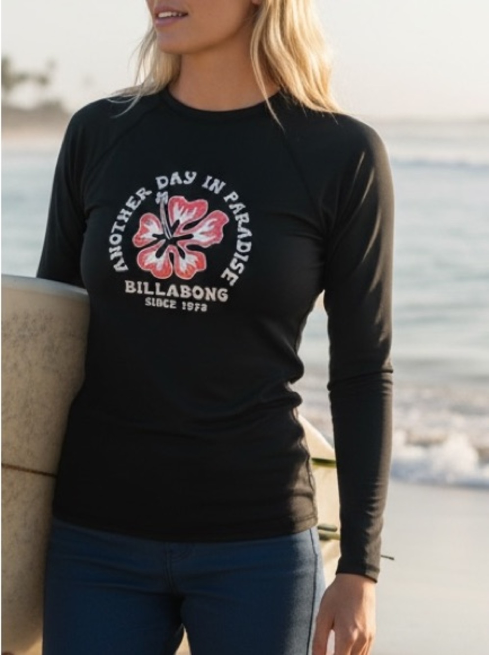 Billabong Beach Babe Black Long Sleeve Hibiscus Surf Swim Rash Guard Top - Picture 7 of 12